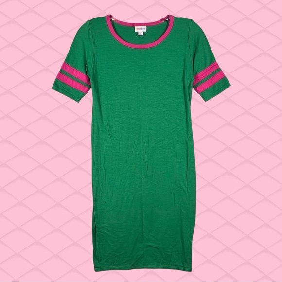 LuLaRoe Green Pink Julia Dress Size XS Varsity Stretch Sheath T Shirt Shift EUC - Picture 2 of 8